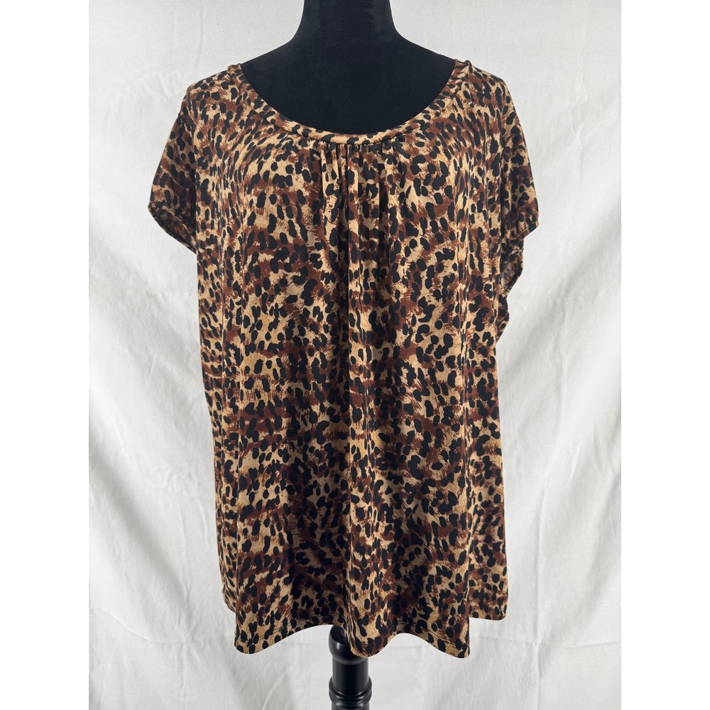 Worthington Woman Leopard Print Blouse Short Sleeve Scoop Neck Top Brown 3X